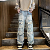 Jinquedai Harajuku Muti-pockets Cargo Jeans Men's Washed Patchwork Straight Casual Trousers Couple Streetwear Loose Fashion Pants jinquedai