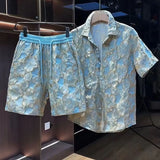 Jinquedai Ethnic Style Scalding Gold Flower Shirts And Shorts Two Piece Set Mens Fashion Short Sleeved Suits Summer Casual Loose Outfits jinquedai