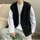 Sweater Vest Men Design Button Up Clothing Sleeveless Casual All-match Teens High Street Harajuku Knitwear Ins Handsome Popular jinquedai