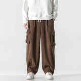 Jinquedai  Men Corduroy Straight Pant Big Pockets Sweatpant Elastic Waist Drawstring Vintage Sweatpants M-5XL Casual Baggy Joggers Pants jinquedai