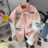 Motorcycle Leather Jacket Unisex High Street Hiphop Pink Bomber Jacket American Vibe Workwear Letter Baseball Uniform jinquedai