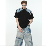 Jinquedai Summer Hip Hop T-shirt Men 2024 New Denim Splicing Casual Fashion Tops Cotton Loose Simplicity American High Street Tees Trend jinquedai