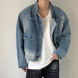 Jinquedai Men Hip-hop Denim Jacket Gradient Rough Edge Shoulder Pads Cowboy Coat Single Breasted Short Fashion Casual Men Outwear New jinquedai