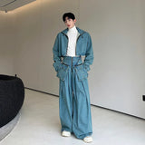 Washed Old Silhouette Denim Two Pieces Set Solid Color Men Short Zipper Jacket Straight Wide Leg Pants Korean Tide jinquedai