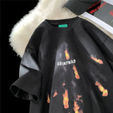 Jinquedai Flame Print T-Shirt 2024 Tide Men's Short Sleeve Tops Hip Hop Streetwear Black White Flame T-shirt Couple Tees Men Women jinquedai