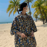 Jinquedai  Hawaiian Flower Shirt Men's Graffiti Printed Short Sleeve Shirt Trendy American Cuban Collar Beach Shirt Couple's Clothing jinquedai