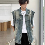 Jinquedai Y2K Harajuku Denim Vest Jacket Men Summer American Street Motorcycle Punk Sleeveless Coats Distressed Washed Cowboy Tops New jinquedai