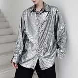 Jinquedai 2024 New Men Wavy Stripes Glossy Material Long Sleeve Casual Shirt Male Streetwear Hip Hop Loose Shirt Stage Show Clothing jinquedai