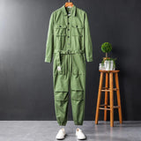 Jinquedai Jumpsuit Men's Lapel Long Sleeve Multi-Pocket Khaki Overalls 2022 New Fashion Yellow Cargo Pants Workwear Male Clothing jinquedai