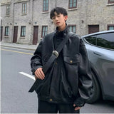 Jinquedai Retro Motorcycle Soft Leather Jacket Men Japanese Faux Leather Flip Collar Pu Bomber Coat  Autumn Winter Fashion Outwear jinquedai