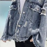 Jinquedai Fashion Blue Ripped Denim Jacket Y2K Distressed Streetwear Hip Hop Broken Hole Jeans Biker Jackets Men's Spring Jackets jinquedai