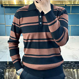 Jinquedai Autumn Winter New Light Luxury Men's Long Sleeved Knitted Sweater Fashionable Casual Versatile Striped Lapel Polo Sweater Trend jinquedai