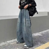 Jinquedai 2024 Spring Autumn Men Baggy Jeans Men Wide Leg Pants Big Pockets Elastic Waist Streetwear Trousers Male Loose Denim Pants jinquedai