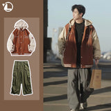 Jinquedai Japanese Casual Men 2-piece College Letter Printed Hooded Jacket+oversized Multi Pocket Wide Leg Pants Set Fashion Couple Suits jinquedai