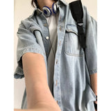 Jinquedai College Retro Men Two Piece Set Hip Hop Washed Tooling Denim Shirt+Letter Printed Sleeveless Top Set Street Harajuku Suit Y2K jinquedai