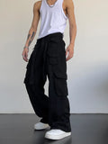 High street retro casual large pocket overalls men's and women's new summer high waist loose straight tube draped wide leg pants jinquedai