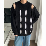 Jinquedai Spring Korean Style Men's Sweater Round Collar Hollow Out Design Solid Color Pullovers Male Long Sleeve Tops Personality