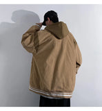 Jinquedai Streetwear Men's Loose Corduroy Jacket Autumn Korean Styles Tooling Big Pocket Patchwork Hooded Baseball Uniform Jacket Unisex jinquedai