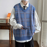 Jinquedai Plaid Sweater Vests Loose Panelled Japanese Style Autumn Winter Slouchy Teenagers Stylish Temperament Preppy  V-neck Daily jinquedai