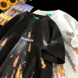 Jinquedai Flame Print T-Shirt 2024 Tide Men's Short Sleeve Tops Hip Hop Streetwear Black White Flame T-shirt Couple Tees Men Women jinquedai