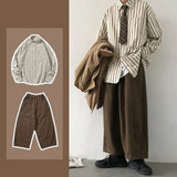 Jinquedai Men Vintage Set Spring Autumn Couple Casual Suits New Stripe Loose Long Sleeve Shirt+High Street Wide Leg Pants Two Piece Set jinquedai