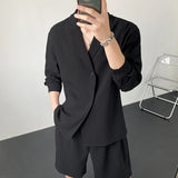 Jinquedai Summer Black/White Sets Men Fashion Long-sleeved Shirt Shorts Two-piece Men Korean Casual Loose Plaid Sets Mens Suit M-2XL jinquedai