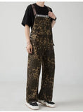 Jinquedai 2024 Spring New Leopard Pattern Sling Pants Men American Retro Street Wide Leg Couple Jumpsuit Big Pocket Buttons Camisole Pants jinquedai