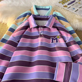 Jinquedai  Men Sweatshirt 2024 Spring Campus Colors Striped Print Patchwork Turndown Collar Tops Harajuku Women Sweatshirts Pullover jinquedai