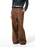 Jinquedai Spring Autumn Long Loose Casual Brown Pu Leather Pants Men Wide Leg LUxury Designer Unisex Trousers Fashions jinquedai