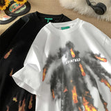 Jinquedai Flame Print T-Shirt 2024 Tide Men's Short Sleeve Tops Hip Hop Streetwear Black White Flame T-shirt Couple Tees Men Women jinquedai