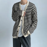 Jinquedai Men Autumn Winter Y2k Black Apricot Striped Cardigan Knitted Sweater New Essential Comfortable Loose Casual Jacket For Men jinquedai