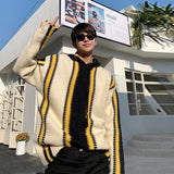 Autumn Men's Luxury Knitted Pullover Hooded Sweater Korean Casual Patchwork Long Sleeve Streetwear Loose Vintage Hoodie jinquedai