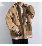 Jinquedai Streetwear Men's Loose Corduroy Jacket Autumn Korean Styles Tooling Big Pocket Patchwork Hooded Baseball Uniform Jacket Unisex jinquedai