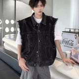 Jinquedai Y2K Harajuku Denim Vest Jacket Men Summer American Street Motorcycle Punk Sleeveless Coats Distressed Washed Cowboy Tops New jinquedai