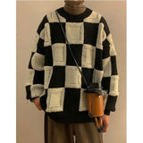 Winter Korean Fashion Mens Pullovers Checkerboard Plaid Sweater Thick Warm Cashmere Sweater Men Luxury Patchwork Pull Homme jinquedai