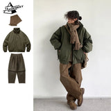 Jinquedai Winter Retro Set Men Women Thickened Warm Lightweight Parka+Loose Straight-leg Wide-leg Casual Cargo Pants Japanese Unisex Suit jinquedai