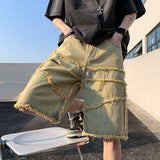 Jinquedai American High Street Men's Wide Leg Denim Shorts Summer  New Fashion Casual Baggy Short Jeans Male Chic Burrs Clothes jinquedai