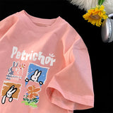 Jinquedai New Cute Cartoon T-shirt Rabbit Pattern Tops Unisex Round Neck Oversized T-Shirt Y2k Summer Tees Harajuku Sort Sleeve Tshirt jinquedai