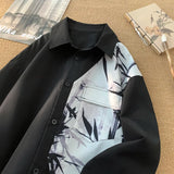 Jinquedai Men's Printed Shirt Asian Casual Ink Painting New Fall Long Sleeved Lapel Shirt Black And White Color Clash Shirt Jacket jinquedai