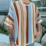 Jinquedai Summer New Mens Fashion Knit Pullover Top Male Casual Loose Short Sleeve O Neck Knitted Tee Men Trendy Patchwork Striped T-shirt jinquedai