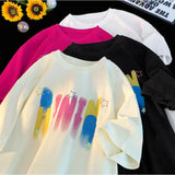 Jinquedai Korean Trend Colorful Letter Printed T-Shirt Harajuku Style Short Sleeve Tee Shirt Men Women Tops Plus Size Unisex Tshirts jinquedai