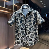 Jinquedai Ethnic Style Scalding Gold Flower Shirts And Shorts Two Piece Set Mens Fashion Short Sleeved Suits Summer Casual Loose Outfits jinquedai