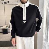 Jinquedai New Spring and Autumn Trendy Men's Handsome Simple Half Zipper Stand Up Neck Colored Long Sleeve Loose Casual Sweater jinquedai