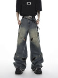 Jinquedai  Wide Leg Jeans Pants Men Street wear Baggy Distressed Denim Trousers Male Oversize Hollow Out Casual Korean Hip Hop jinquedai