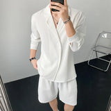 Jinquedai Summer Black/White Sets Men Fashion Long-sleeved Shirt Shorts Two-piece Men Korean Casual Loose Plaid Sets Mens Suit M-2XL jinquedai