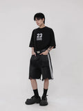 Jinquedai Side Striped Ripped Denim Shorts Fashion Distressed Tassel Black Jeans Shorts Men Summer Streetwear Harajuku Hip Hop Y2K Shorts jinquedai