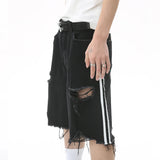 Jinquedai Side Striped Ripped Denim Shorts Fashion Distressed Tassel Black Jeans Shorts Men Summer Streetwear Harajuku Hip Hop Y2K Shorts jinquedai