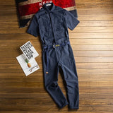 Jinquedai Korean version of Harajuku Summer Casual Short Sleeve Overalls Jumpsuit With Belt Men's  One-piece Single Breasted Trousers jinquedai