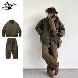 Jinquedai Winter Retro Set Men Women Thickened Warm Lightweight Parka+Loose Straight-leg Wide-leg Casual Cargo Pants Japanese Unisex Suit jinquedai