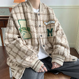 Jinquedai Autumn Plaid Woolen Jacket Letter Embroidered Loose  Baseball Uniform Jacket Hip Hop Single Breasted Coat Fashion Unisex Clothes jinquedai